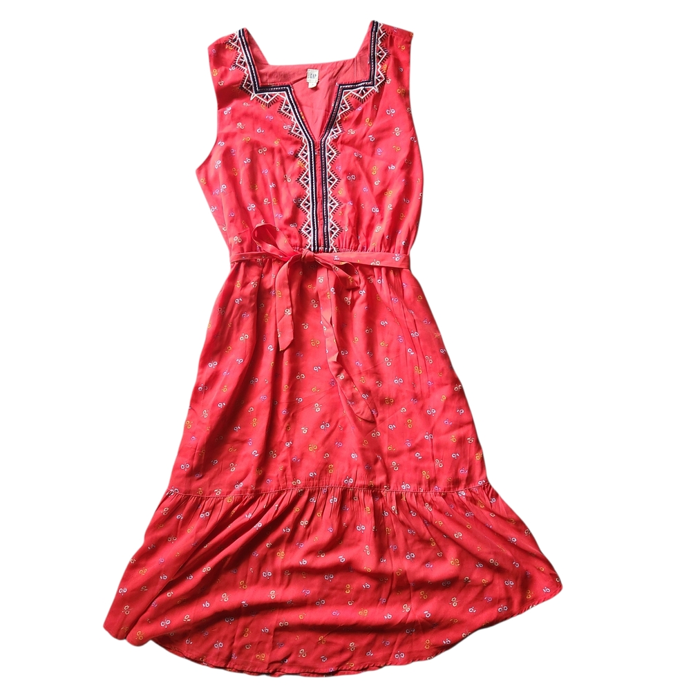 GAP Red Sleeveless Embroidered Tie-Waist Maxi Dress